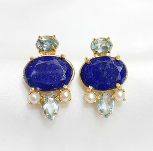 Pendientes llamativos de perlas de topacio azul lapislázuli chapados en oro, base de latón, estilo bohemio, joyería llamativa para mujer - Product Image 1