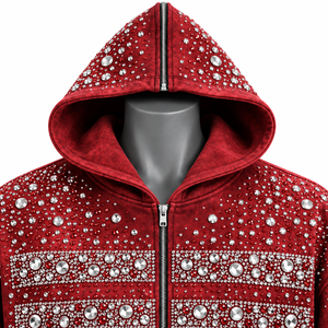 Sweat à capuche zippé unisexe personnalisé, uni, orné de strass et de cristaux, style streetwear hip-hop, pour l'hiver - Product Image 2