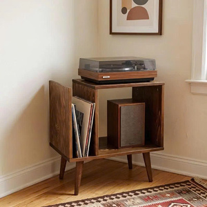 Console moderne du milieu du siècle en noyer avec rangement en vinyle et étagère tournante, meuble de salon - Product Image 2
