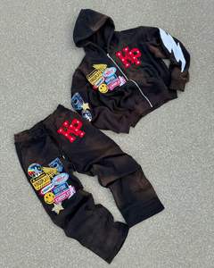Ensemble de survêtement à capuche personnalisé pour enfants, en coton noir, style streetwear, avec sweat-shirt à fermeture éclair intégrale et pantalon, avec logo KP et patchs - Product Image 1