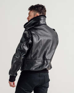 Veste en cuir véritable marron pour homme avec col en fausse fourrure, col rabattable, coupe classique, coupe-vent, style décontracté d'hiver - Product Image 2