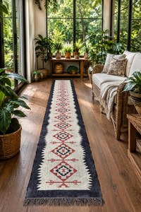 Tapis de couloir géométrique tribal sur mesure en laine et jute, style kilim bohème, pour entrée et couloir - Product Image 5