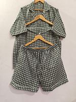 Conjunto de Pijama de 3 Piezas Personalizable para Mujer, 100% Algodón, Verde a Cuadros, Manga Corta, Cintura Elástica, Ropa de Dormir