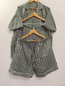 100% Cotton Women's 3-Piece Customizable <b>Pajama</b> Set Green Gingham <b>Check</b> Short Sleeve Elastic Waist Lounge Sleepwear - Product Image 1