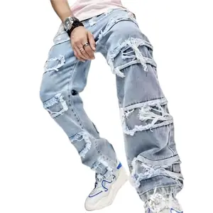 جينز دينم كبير مخصص جينز مطاط مرقّع للرجال جينز ضيق مكتنز مستقيم للخروج