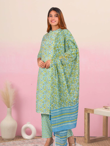 Kurta, pantalon et dupatta en coton brodé à motifs floraux, couleur verte, tenue ethnique élégante, vêtements traditionnels pour femmes, confortables - Product Image 2