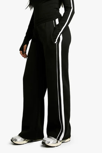 Pantalon en molleton à jambe large pour femme, taille mi-haute avec cordon de serrage, coupe décontractée ample, longueur intégrale, noir uni, en coton respirant, idéal pour l'automne - Product Image 5