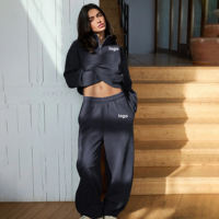 Hoodie Crop Custom Print Bordir 100% Katun Organik 420gsm Dengan Celana Jogger Senada Setelan Training W