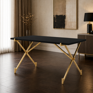 โต๊ะอาหารทรงสี่เหลี่ยมทันสมัย ขาโลหะสีทอง ท็อปไม้ ดีไซน์มั่นคง โต๊ะไม้ - Product Image 1