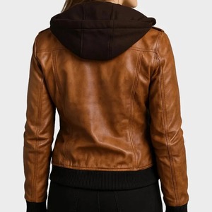 Blouson aviateur unisexe en cuir marron vieilli avec capuche amovible - Product Image 2