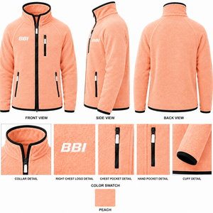 Chaqueta polar de felpa para hombre, color rosa pastel, con cremallera completa, cuello alto, cálida, con ribete en negro en contraste. - Product Image 1