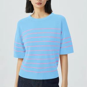 Camiseta de Mujer, Nueva Moda de Verano, Informal, con Rayas, Manga Corta, Cuello Redondo, Estilo Sorority - Product Image 4