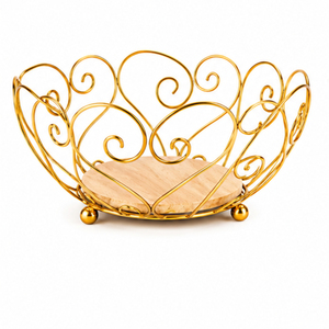 Gold Fruit <b>Basket</b> Metal Fruit Bowl with Wooden Base Wire <b>Storage</b> <b>Basket</b> for Countertop Organizer Factory Wholesale Bulk Supplier - Product Image 1