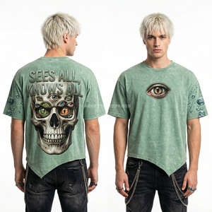เสื้อยืดลายกราฟิกหัวกะโหลกสีเทาแบบกำหนดเองสำหรับผู้ชาย 210GSM สไตล์วินเทจขาดๆ แบบดิสเทรส ขายส่งจากผู้ผลิตเสื้อผ้า - Product Image 4