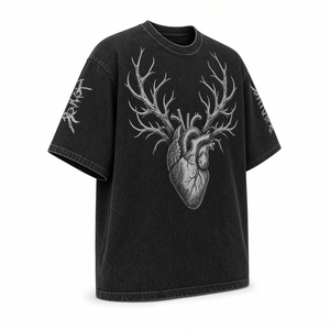 Men's Black Acid Wash Oversized <b>T</b>-<b>Shirt</b> Gothic Antler <b>Heart</b> Print Short Sleeve O-Neck Streetwear Tee - Product Image 5
