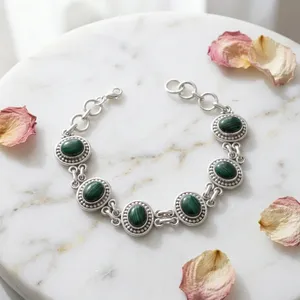 Pulsera de Plata de Ley 925 con Malaquita para Mujer, Engaste Ovalado, Cadena de Eslabones, Joyería Clásica Vintage - Product Image 5