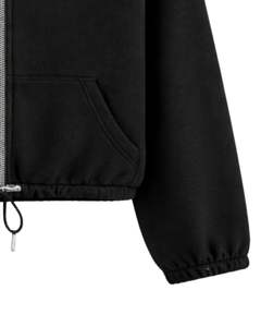 Sudadera negra corta de forro polar con cremallera completa para mujer, cuello polo, bolsillos delanteros, dobladillo con cordón ajustable, top informal cálido estilo streetwear - Product Image 6