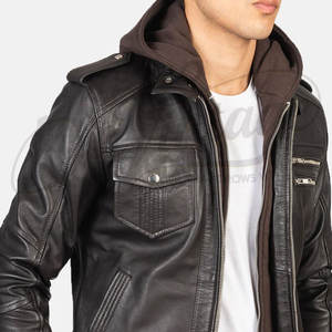 Blouson aviateur en cuir véritable noir de qualité supérieure pour homme avec capuche amovible - Coupe ajustée en peau de mouton véritable, vêtement d'extérieur décontracté multi-poches - Product Image 6