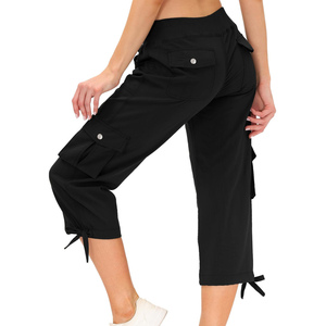 Pantalon Capri pour femme, taille haute, séchage rapide, coupe droite, jambe large, respirant, décontracté, uni, teint, pour l'été - Product Image 2