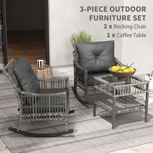 Set di 3 sedie a dondolo da esterno in rattan PE grigio resistente alle intemperie con piano del tavolo in vetro temperato e struttura in ferro - Product Image 4