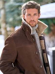 Men's Brown Shearling <b>Coat</b> With <b>Faux</b> <b>Fur</b> Lining Turn-down Collar Windproof Winter <b>Coat</b> Regular Fit Casual Style - Product Image 4