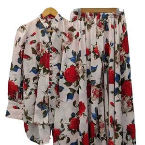 Collection de tenues amples imprimées florales pour femmes : Ensemble haut boutonné et pantalon palazzo taille haute, style haut-bas, vente en gros - Product Image 1
