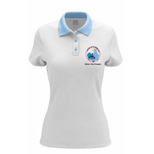 เสื้อโปโลสีขาวสำหรับผู้หญิง คอปกสีฟ้าอ่อน แขนสั้น สกรีนโลโก้ที่อกได้ตามต้องการ เสื้อลำลองแบบยูนิฟอร์มสำหรับทีมกอล์ฟ ขายส่งเสื้อผ้า - Product Image 1