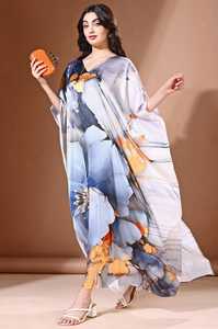 High Quality Designer Turkish Style <b>Kaftan</b> Women Polyester Handmade Batwing Sleeves V Neck Regular Fit Flared Hem Midi Party - Product Image 5