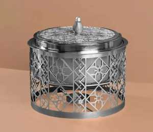 Golden Cylindrical <b>Storage</b> Container with Lid Intricate Geometric Cut Out Pattern Polished Metal Finish Ornamental Design - Product Image 2