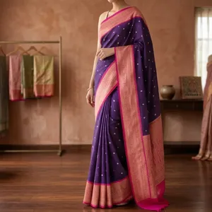 Sari en soie crêpe violette avec élégante broderie Zari - Product Image 4
