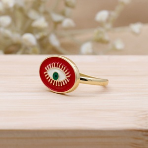 Bague ajustable œil porte-bonheur en argent sterling 925 massif plaqué or avec émail rouge, bijoux fins, vente en gros - Product Image 4