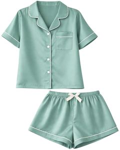 Ensemble de pyjama pour femme en satin vert menthe personnalisé, manches courtes, boutonné, style soie, deux pièces, vêtements de nuit, ensemble de shorts de détente - Product Image 6