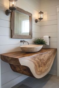 Luxury Handcrafted Live Edge Solid Wood <b>Floating</b> Vanity Artistic Natural Bathroom Console <b>Unit</b> - Product Image 6