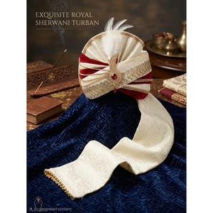 ชุดเชอร์วานีกำมะหยี่สีแดงเข้มแบบราชวงศ์ ผ้าโพกหัวผ้าไหมสีงาช้าง พร้อมผ้าโพกศีรษะประดับมุกแบบคาลกี - Product Image 1