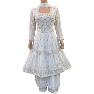Conjunto de Vestido FAMUCAAS Amarillo Afgano, Kurti/Frock Bordado a Mano en Georgette, con Salwar Afgano, para Bodas y Fiestas - Product Image 6