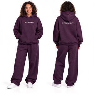 Conjunto de 2 Piezas de Sudadera con Capucha y Pantalones Deportivos de Felpa para Mujer, Corte Holgado, Color Morado Sólido, Pantalones Largos de Algodón - Product Image 1