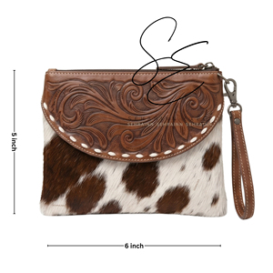 2026 Cowgirl Gypsy Handmade Western Hairon Cowhide <b>Wristlet</b> Clutch for Women Tooled Leather Zipper Pouch Bag - Product Image 3