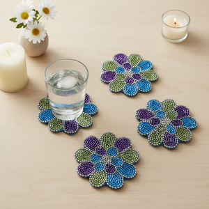 Posavasos Redondos de Cuentas de Vidrio Verdes <300mm Antideslizantes Ecológicos con Diseño Bordado Origen India - Product Image 2