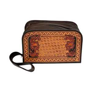 Handcrafted Vintage Genuine <b>Leather</b> Toiletry Bag Solid Color Zipper Closure Embroidered Floral Design Women's <b>Handbag</b> Daily Use - Product Image 1
