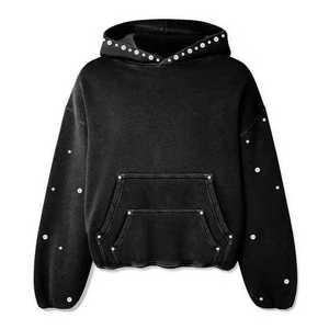 Black Rhinestone Hooded Pullover <b>Sweatshirt</b> <b>Vintage</b> Streetwear Fleece Hoodie with Pocket for Women - Product Image 1