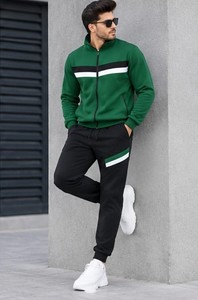Men's Green Color Blocking <b>Track</b> <b>Jacket</b> Hooded Full Sleeve Sporty Streetwear Winter Wear Regular Fit Side Pockets Fleece 100% - Product Image 2