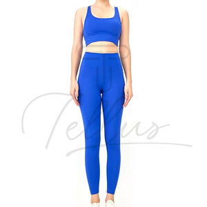 Women Yoga Set High Waist Full Length Leggings <b>Crop</b> <b>Top</b> Racerback Sleeveless Solid Blue Seamless Four-Way Stretch 2 Piece - Product Image 1