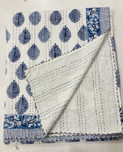 Silkgram Hand Block Printed Cotton Kantha <b>Quilt</b> Foliage Pattern Blue White Home Decor <b>Throw</b> Blanket All-Season Eco-Friendly - Product Image 2