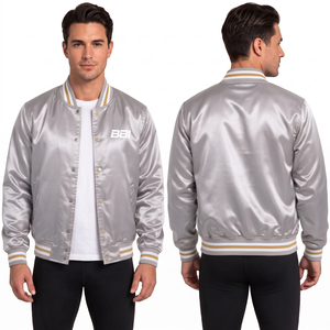 Chaqueta azul satinada personalizada con tela de seda brillante, cuello a rayas con botones a presión y estilo streetwear al por mayor OEM - Product Image 3