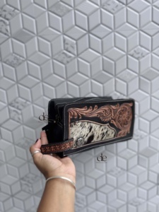 Fashionable Hot Selling Hand Tooled Cowhide Leather Travel Organizer Large Capacity Zipper Hanging Cosmetic <b>Makeup</b> Bag for Women - Product Image 1