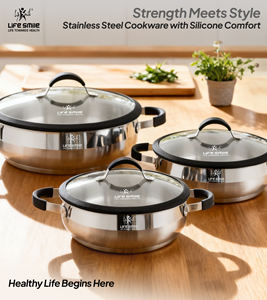 Luxury 6-Piece 18/10 Stainless Steel Shallow <b>Pot</b> <b>Set</b> with Silicone-Edged Lids and Silicone-Wrapped Handles - Product Image 5