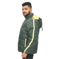 Manteau d'hiver pour homme en duvet vert avec rayures jaunes, fermeture éclair à capuche, veste décontractée en polyester épais