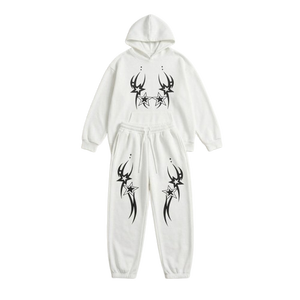 Unisex <b>White</b> Hooded Tracksuit Set Full Sleeve Casual Autumn Wear With Star Print 100% Cotton Loose Fit Drawstring Closure - Product Image 1