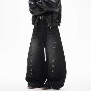 Jean en denim délavé coupe droite taille mi-haute pour homme, coupe ample, en coton uni, style streetwear, hiver, noir avec détails déchirés - Product Image 2