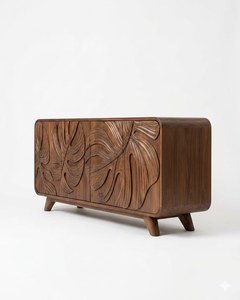 Aparador de Madera Hecho a Mano con Diseño de Hojas Talladas, Mueble de Almacenamiento Moderno de Mediados de Siglo para Sala de Estar - Product Image 2